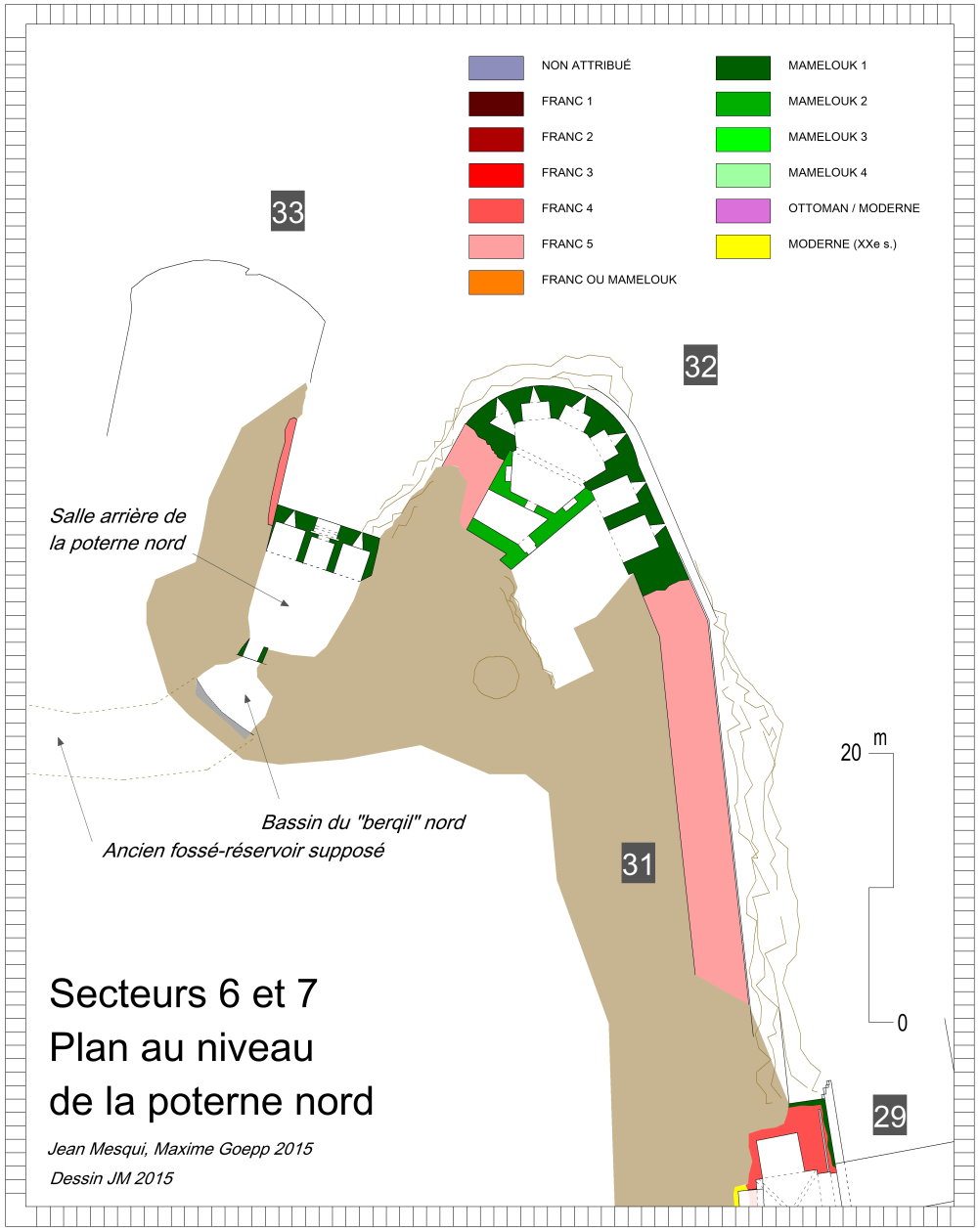 Secteurs 6-7. Plan des tours 32, 33 et de la poterne nord au niveau bas (dessin JM 2015)