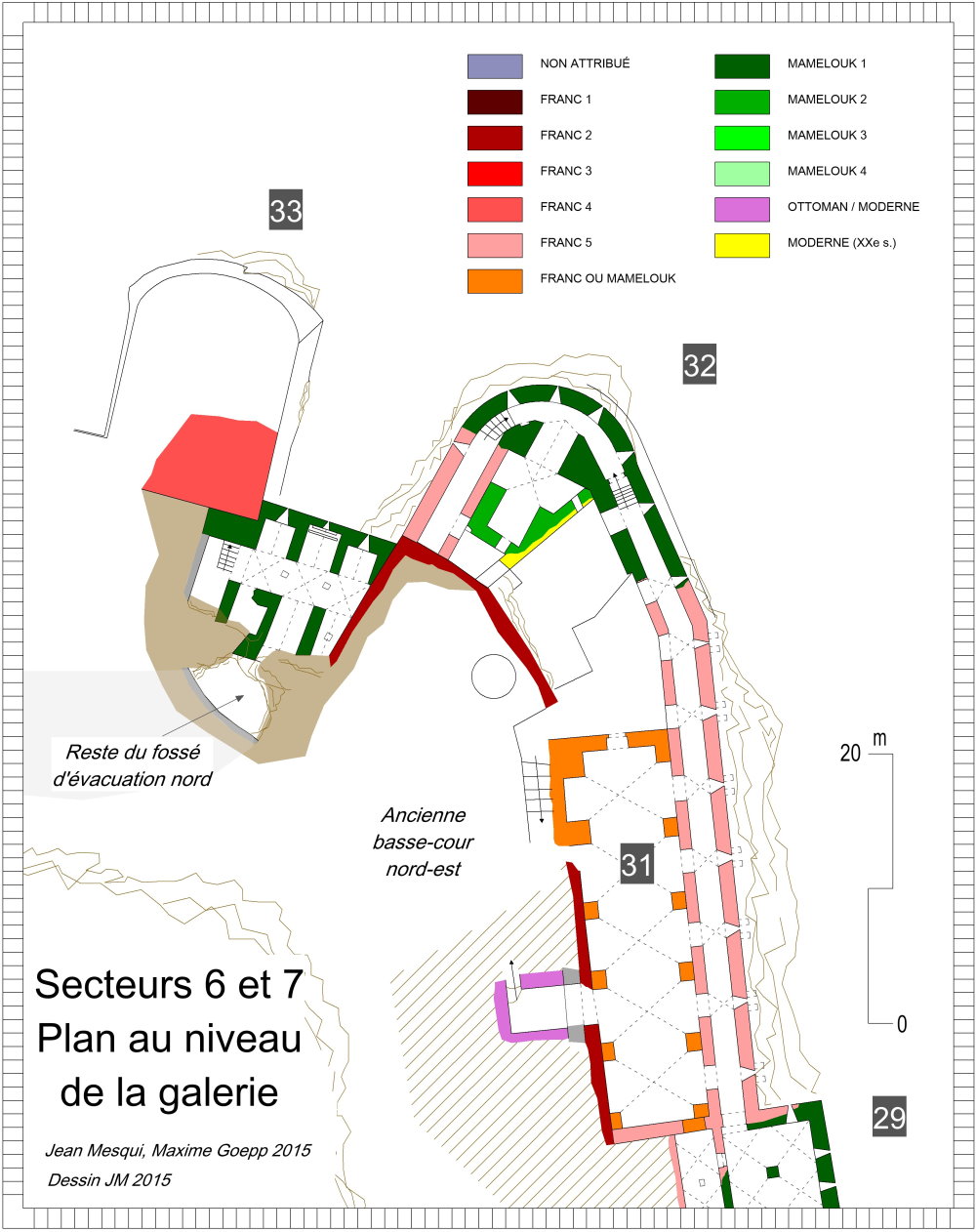 Secteurs 6-7. Plan des tours 32, 33 et de la poterne nord au niveau intermédiaire (dessin JM 2015)