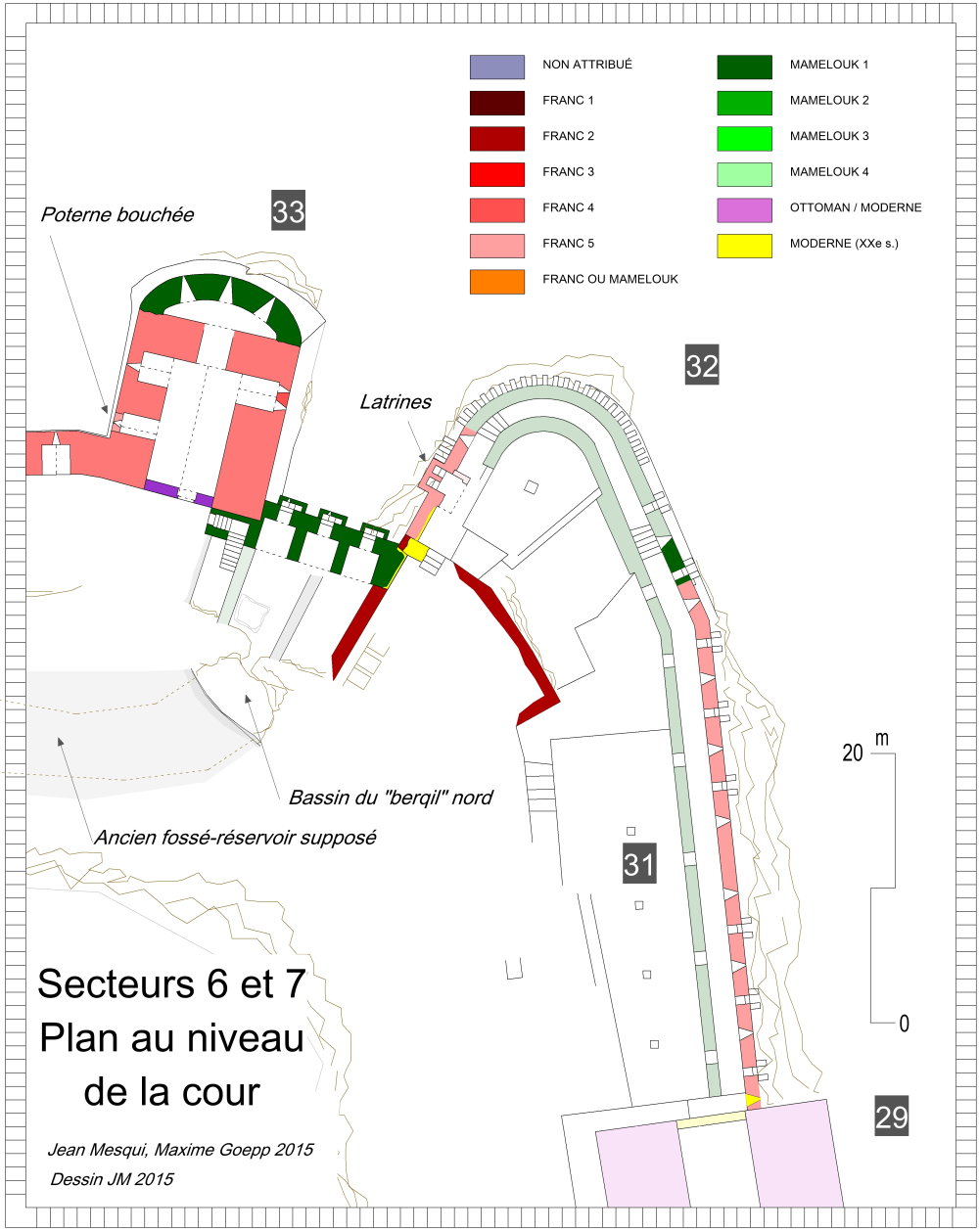 Secteurs 6-7. Plan des tours 32, 33 et de la poterne nord au niveau haut (dessin JM 2015)